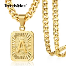 Initial Letter PENDANT Necklace 18/22" Yellow Gold Plated Curb Chain for Men Boy
