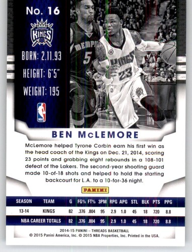 Tarjeta base Kings #16 Threads Ben McLemore NBA PWE 2014-15 - Imagen 2 de 2