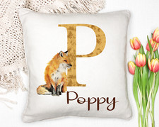 PERSONALISED INITIAL AND NAME CUTE WATERCOLOUR FOX CUB CUSHION COVER, GIFT LOVE