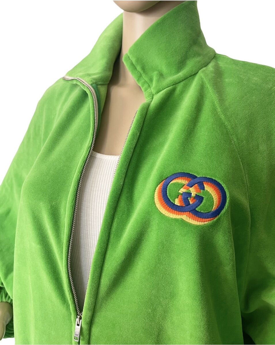 Gucci New GG Logo Zip Up Jacket Acid Green Velvet Velour Gucci New GG Logo Zip Up Jacket Acid Green Velvet Velour