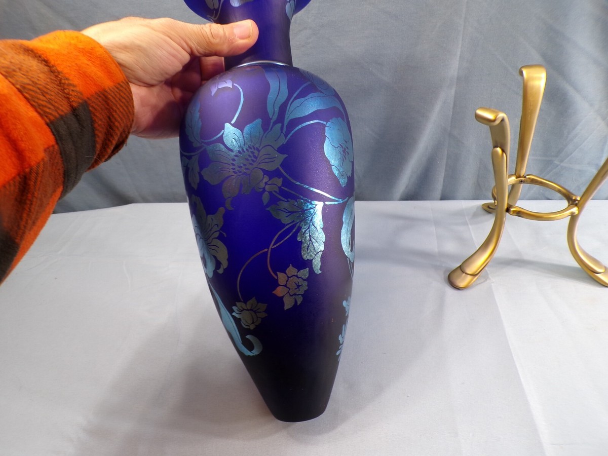 Large Fenton Favrene Glass Sand Carved Amphora Vase - Floral