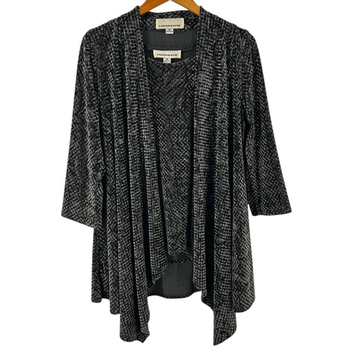 Caroline Rose Gray Textured Velour Cascading Cardigan and Top Set Size Medium - Picture 2 of 7