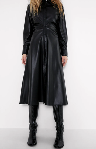 ZARA FAUX LEATHER MIDI DRESS BLACK NEW 