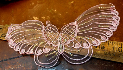 embroidered applique yoke sequins butterfly 4.5X9.5'' light pink 1pc