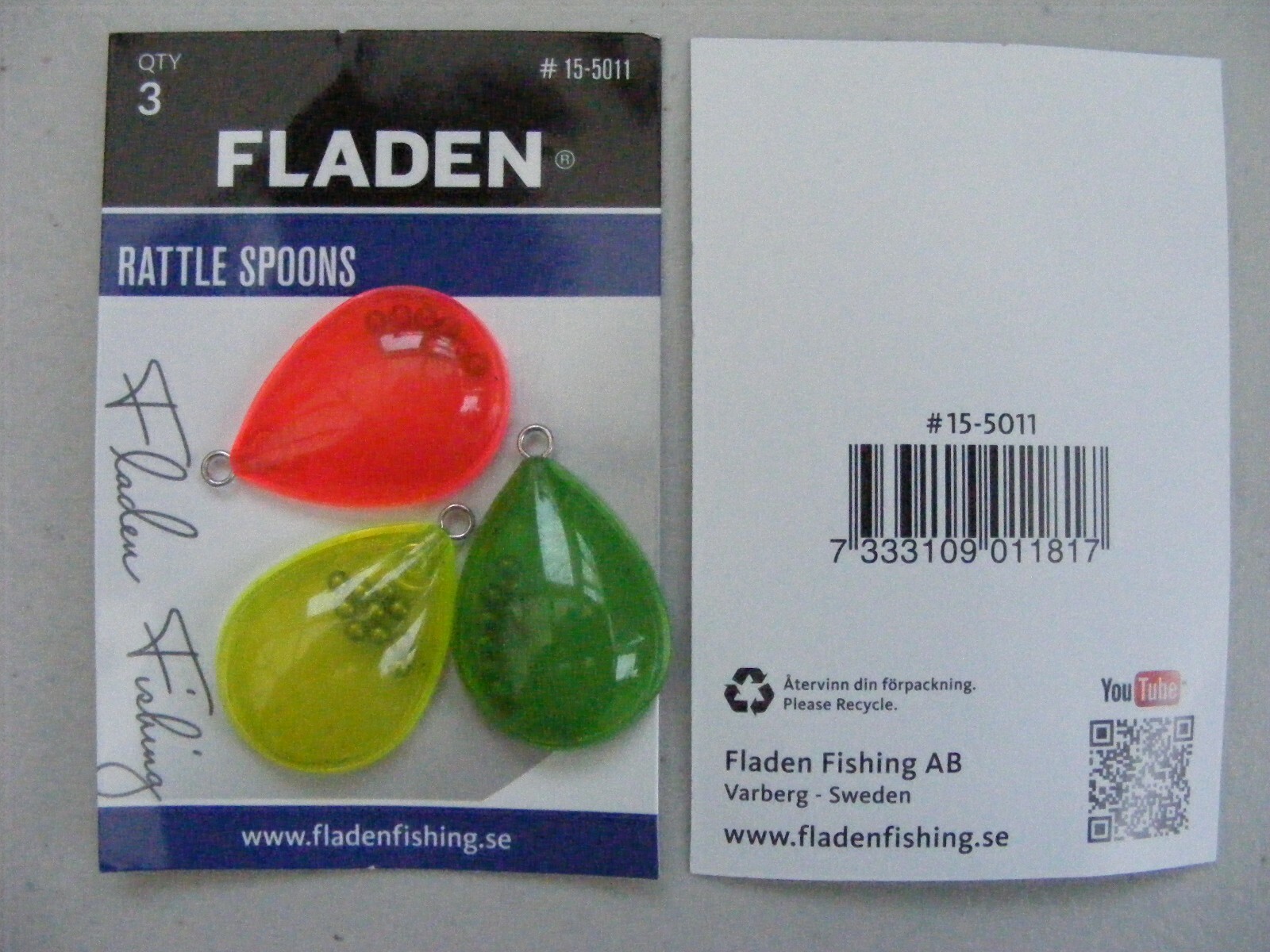 Fladen Rattle Spoons 3 Pack  Red, Yellow, Green Attractant for Pike 15-5011
