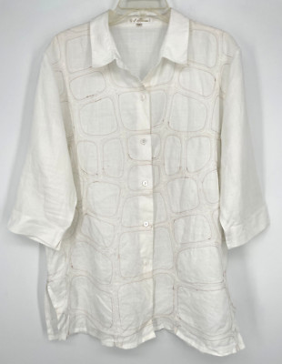 Linea SANREMO Milano Women's 42/L white 100% linen Embroidered button down shirt