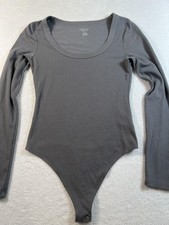 American Eagle Bodysuit Womens Medium Gray Ribbed Long Sleeve Scoop Neck Stretch