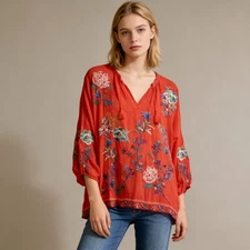 $340 NWOT Johnny Was Zadonia Embroidered Floral Red Shirt Blouse Sz L