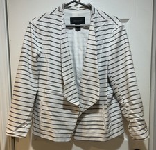 Ann Taylor Factory sz Large White Blue Horizontal thin stripes Open Front Blazer