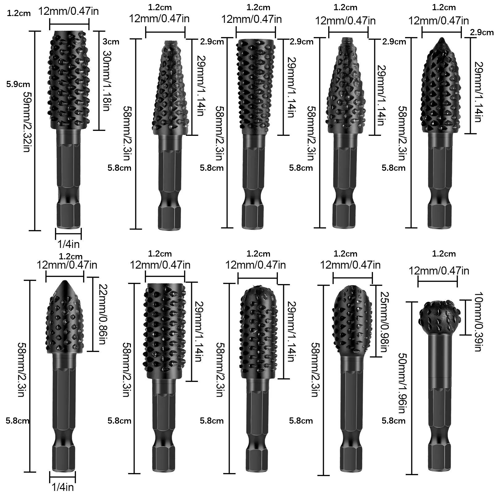 10Pcs New 1/4in Shank Rotary Burr Rasp Set Steel Wood Carving File Drill Bits