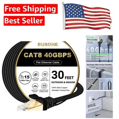 30FT Cat 8 Ethernet Cable - Durable, High-Speed Shielded Network Cord with Clips