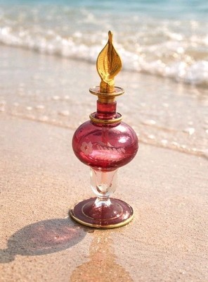 Vtg Egyptian Hand Blown Glass Perfume Bottle/Stopper 6'' Etched Florals Gold Ruby