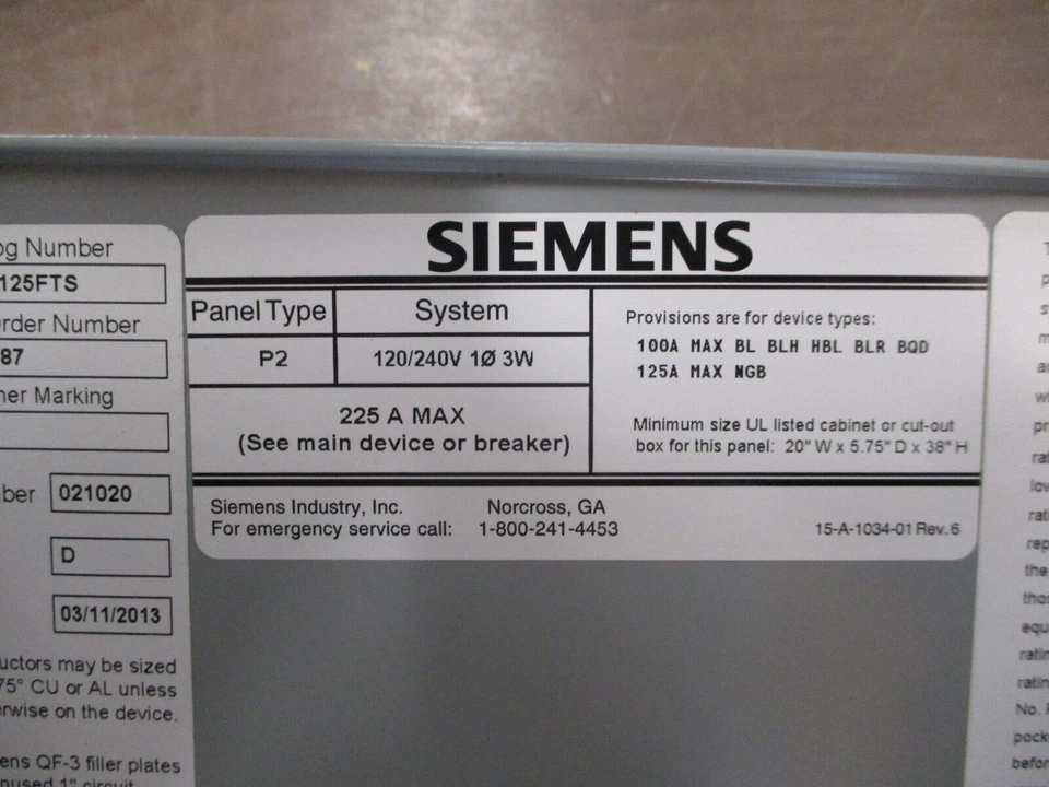 Siemens P2 Main Breaker Panelboard Interior P2A30QJ125FTS 125A Main 225A Max 1Ph - Image 4 of 4