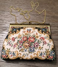 Vintage Style Floral 1950s Tapestry Small Purse With Long Chain Strap