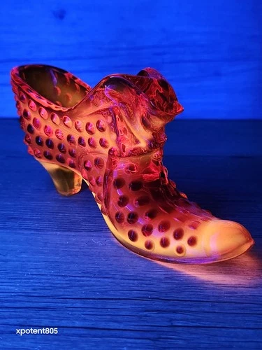 Vtg Fenton Shoe Slipper Cat Head Rare Amberina Red Orange Cadmium UV Glows 😍