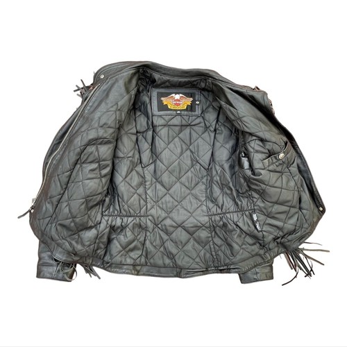 CHAQUETA DE MOTO DE CUERO HARLEY-DAVIDSON NEGRA CON FLECOS PARA MUJER Mediana Hecha en Estados Unidos - Imagen 4 de 9