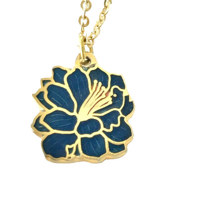 Vtg Blue Hibiscus Orchid Flower Cloisonné Necklace Enamel Island Gold Plated 18''