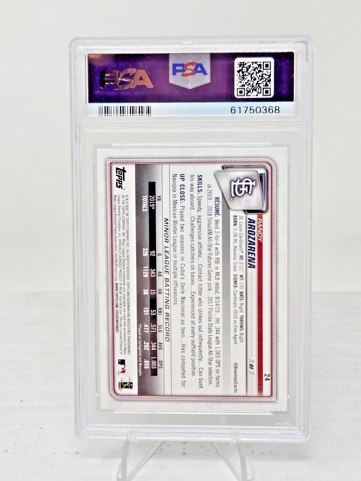 2020 Bowman RANDY AROZARENA RC Rookie Baseball Card PSA 10 GEM MINT view 2