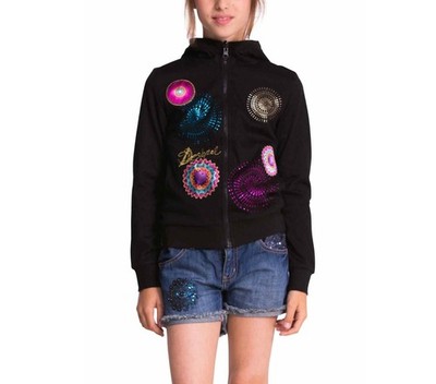 Desigual Reversible Zip Hoodie Girls 13/14 Black Pink Mary Graphic Patch NWOT