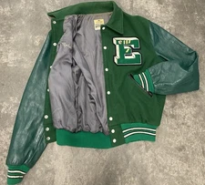 Vintage 60s Varsity Letterman Jacket Chain Stitched Wool Leather Green Size L