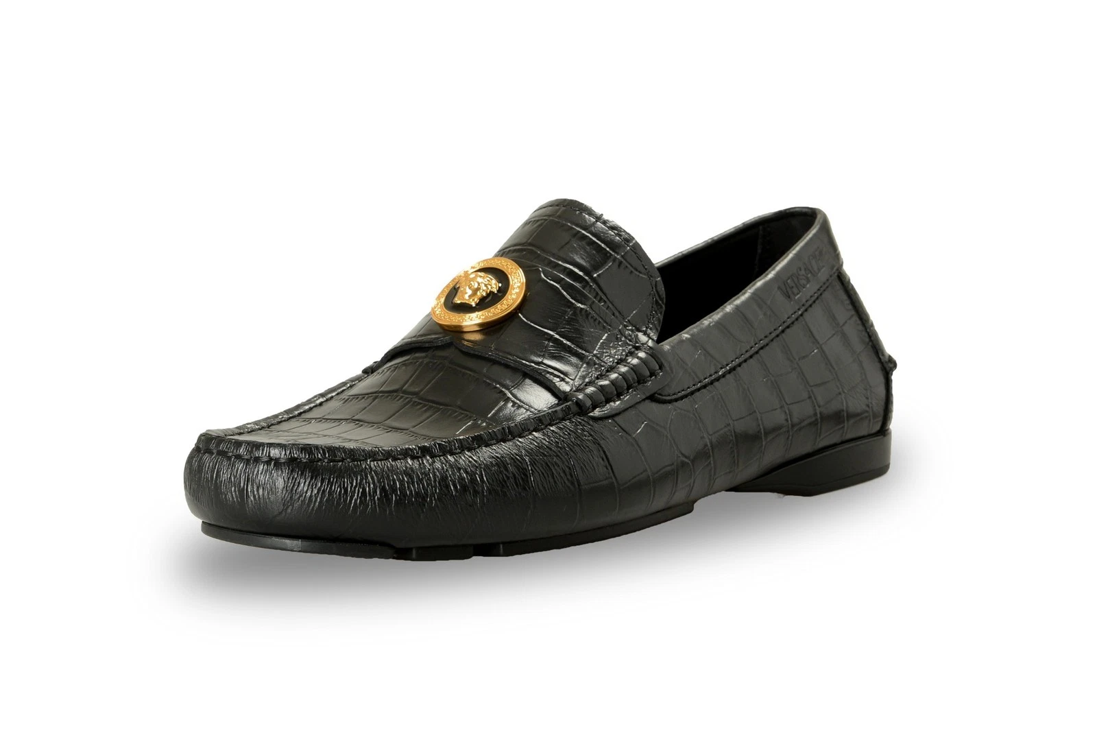 Versace — Versace Men's Black Leather Croc Print Medusa Driver Loafers Shoes US 10 IT 43