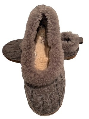 UGG Ansley Women s Gray Knit Sheepskin Lined Fur Trim Slippers US 8
