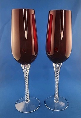  Champagne/Wine Flute Glasses Red with Elegant Twisted Stems Set Of 2