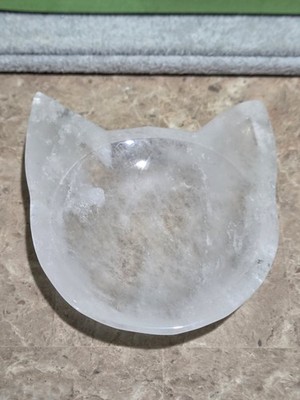 Crystal Clear Quartz Kitty Cat Animal Head Shape Bowl Carving