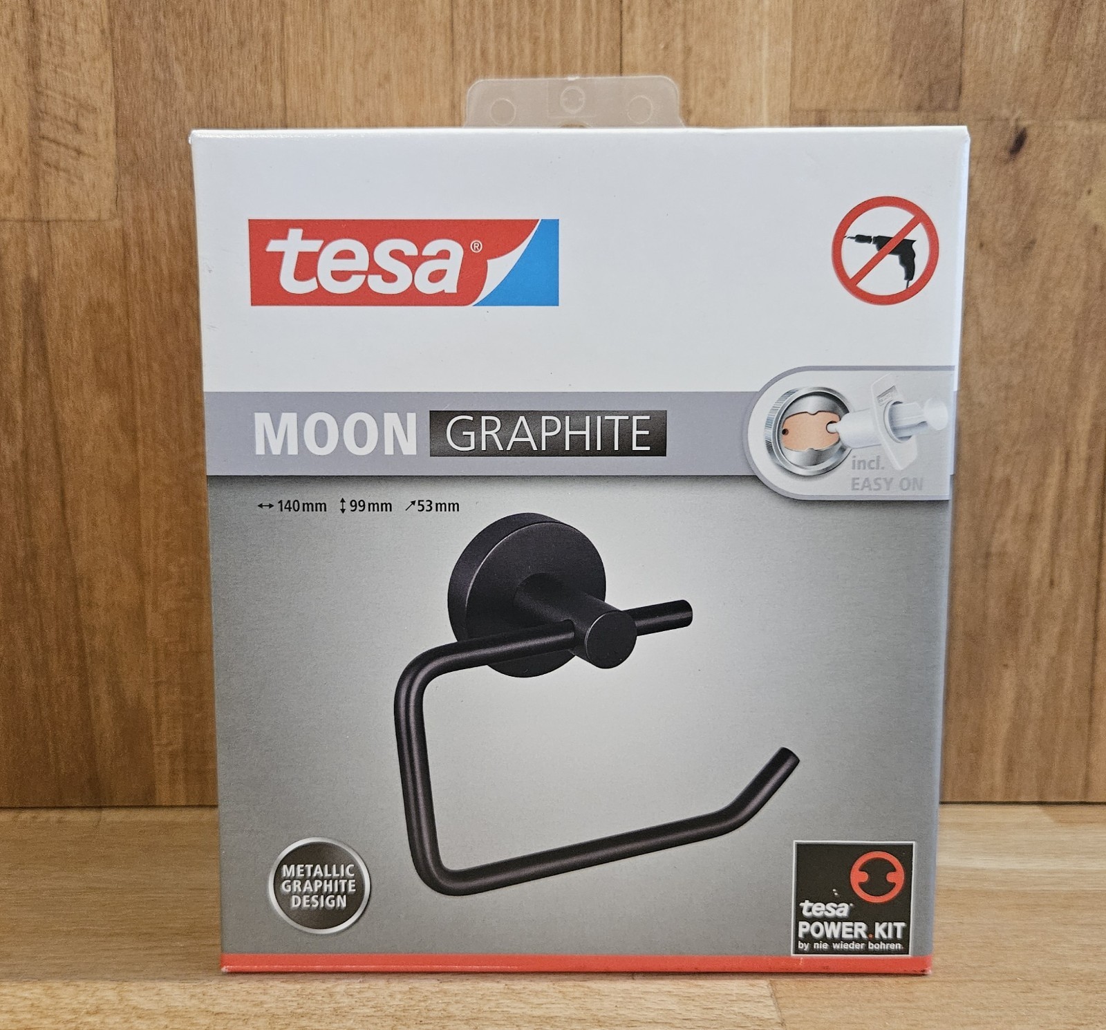 Brand New - tesa MOON ""Graphite"" Toilet Roll Holder ""Easy On Adhesive"" No Drill