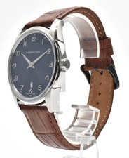 [Ecc+5] Orologio Hamilton Jazzmaster Thinline Quarzo H385111 Quadrante Navy Cintura Marrone
