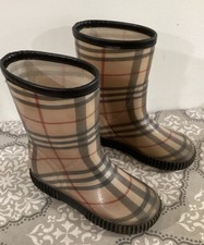Burberry Unisex Kids Tan Black Check Mid-Calf Pull-On Rain Boots Sz 13 With COA