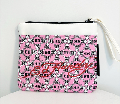 ED HARDY Wristlet Wallet Pink Skull Heads Logo Rhinestone Zip