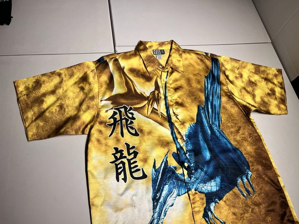 Trust Shirt Men’s XL Gold Shiny Dragon Dinosaur Asian Y2K AOP Button Up VTG - Image 2 of 4