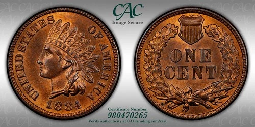 CACG MS-64 RB 1884 Indian Head Cent, Cartwheeling, Predominately Red Beauty!