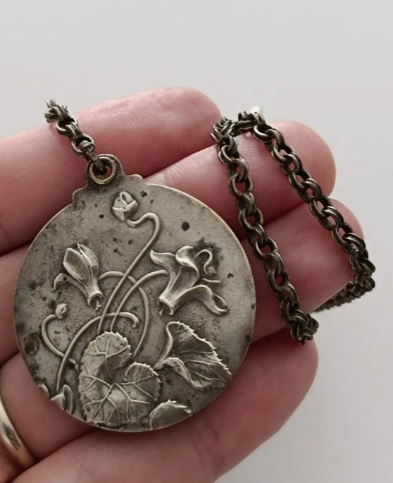 Miroir ancien Art Nouveau châtelaine argenté Antique Art Nouveau pocket mirror - Photo 4/4