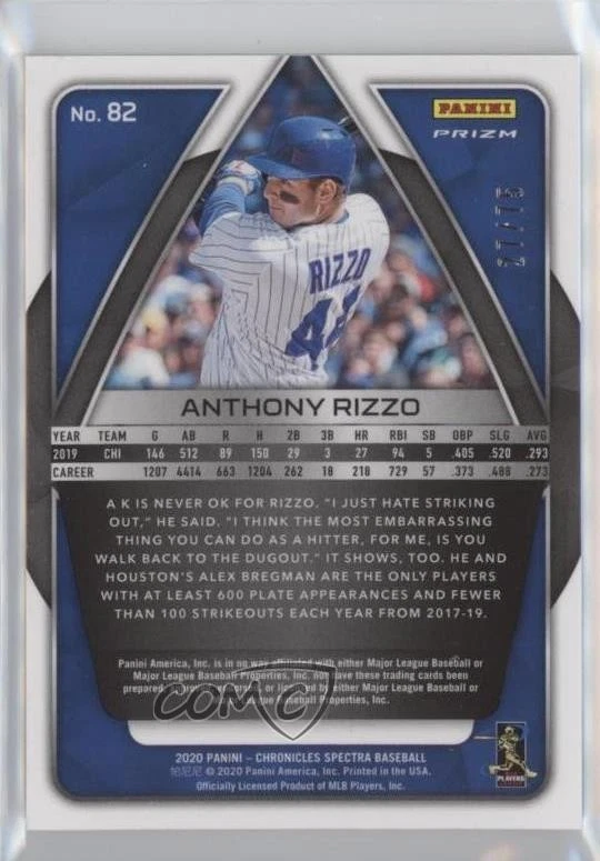 2020 Panini Chronicles Spectra Neon Pink Prizm /75 Anthony Rizzo #82 - Image 2 of 2
