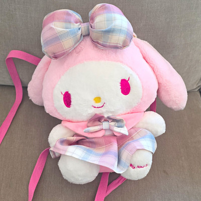 My Melody Sanrio Plush Polyester Small Backpack Pink White Plaid Bow Zip