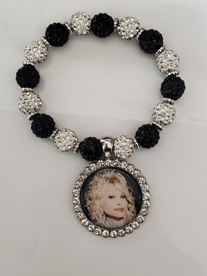 Dolly Parton Bracelet bling beads rhinestones Very pretty Black  White silver