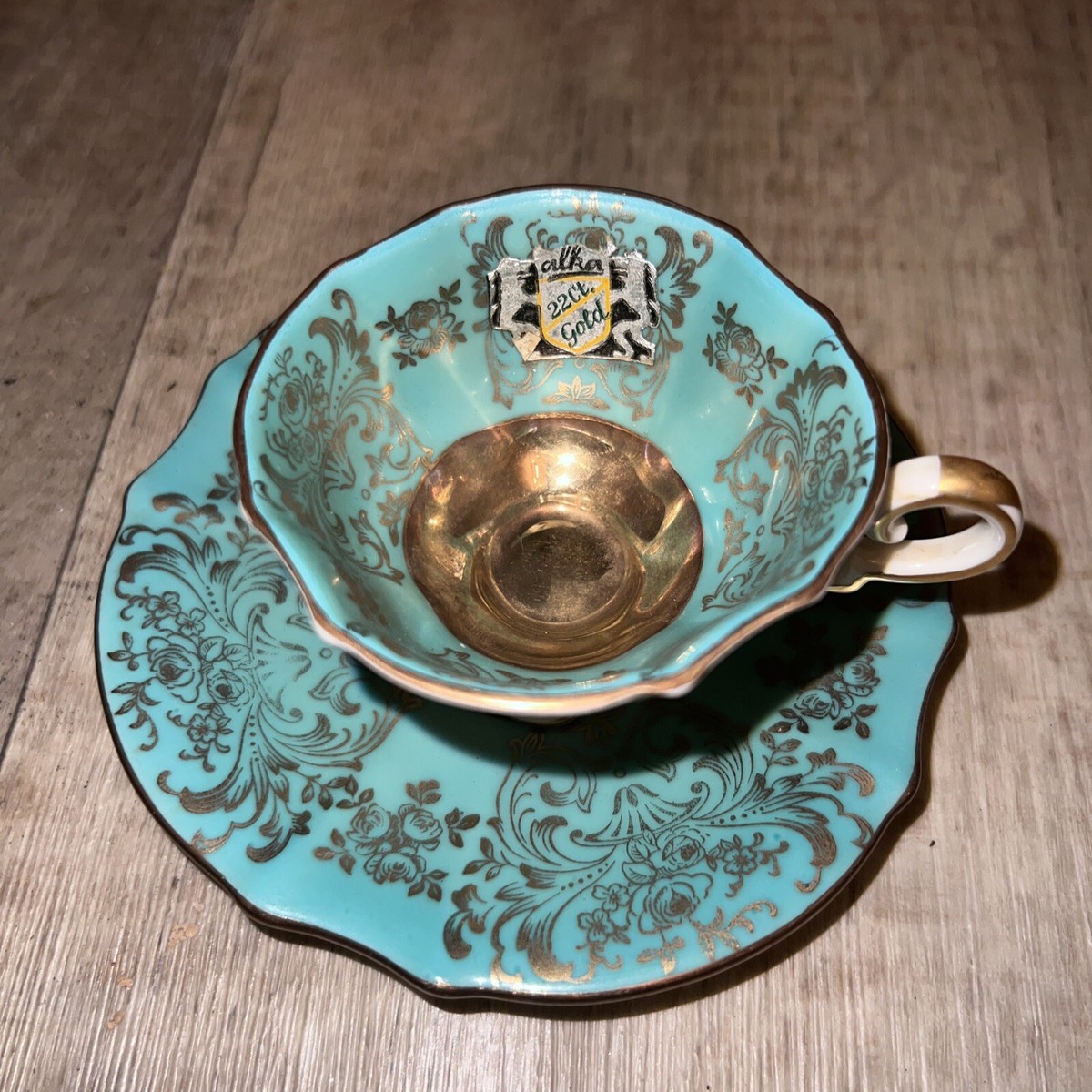 Alka Bavaria Min Tea Cup & Saucer. #665Green 22k Gold & Antique