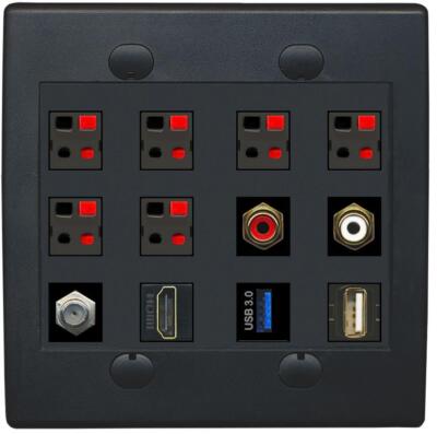 12 Ports Coax HD RCA Red White 6 Speaker USB-3 2 Port Wall Plate Black Banana AV