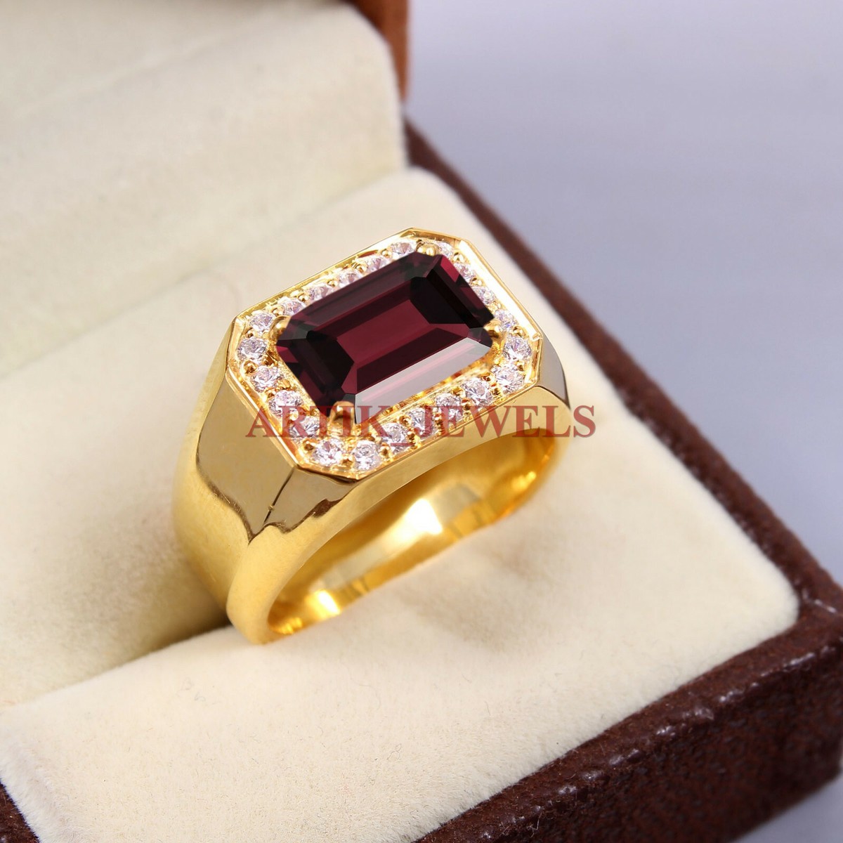 Natural Garnet Gemstone with Gold Plated 925 Sterling Silver Ring for Men's  5435