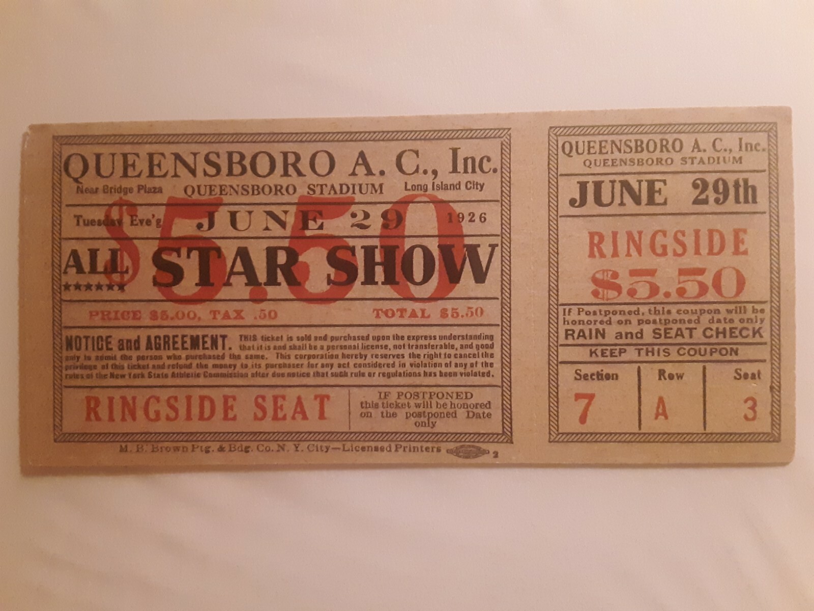 Boxing Ringside Ticket Queensboro A.C., Inc Long Island City 1926 eBay