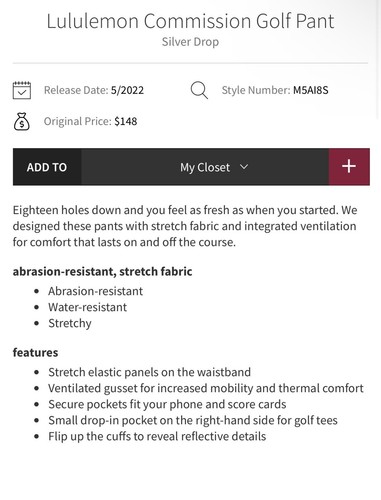 Lululemon Commission golf pants, light gray, Size 34 B163 - Picture 3 of 13