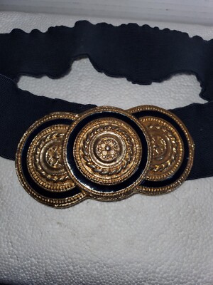 Vintage Nan Lewis Stretch Belt Navy with Gold Tone Medallion 