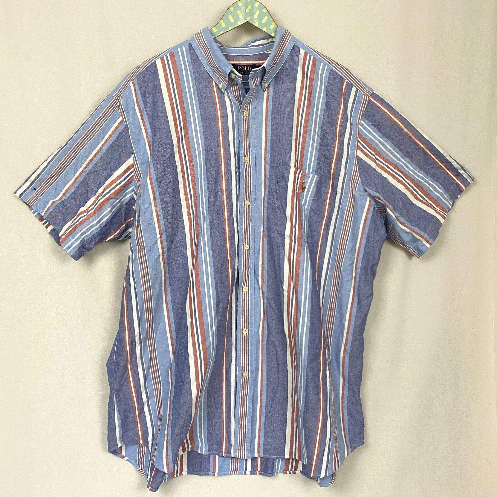 Polo Ralph Lauren camicia con bottoni uomo 2XLT blu rosso righe pony logo tasca