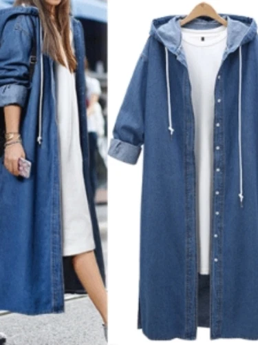 Giacca denim manica lunga con cappuccio monopetto trench lungo - Foto 2 di 12