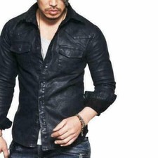 Men's Real Leather Shirt Military Style Pocket Biker Black Schwarz Lederhemd