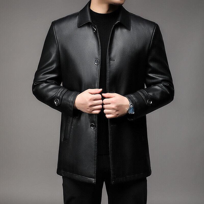 Winter Men's Lapel Button Faux Leather Velvet Lined Coats Formal