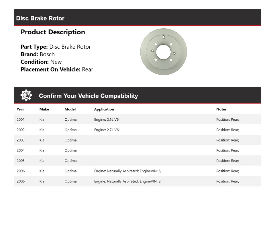 Rotor de freno de disco trasero QuietCast para Kia Optima Bosch 2001-2006 2002 2003 2004 Foto 2 de 4