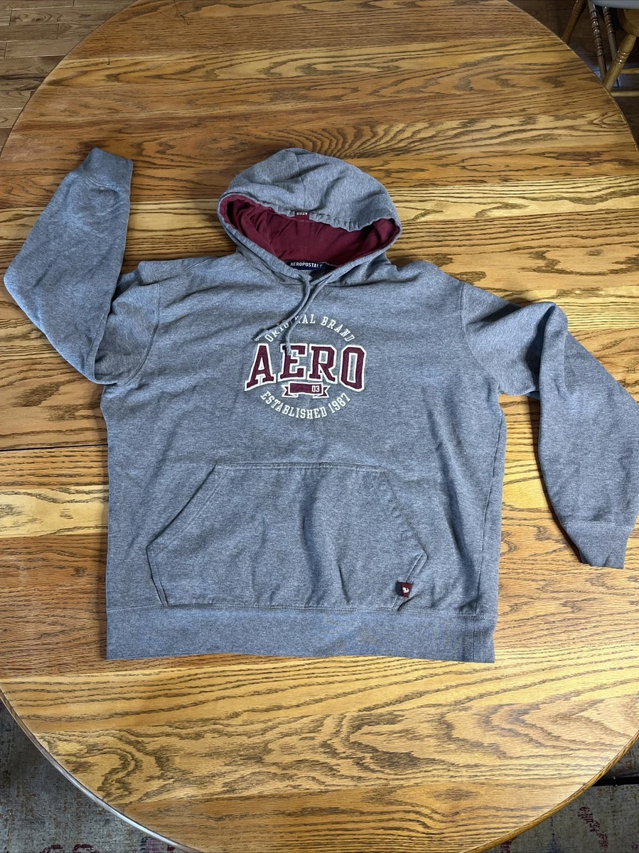 Vintage Aeropostale Hoodie Mens Size L Gray Red Aero Sweatshirt Logo 87 Pocket